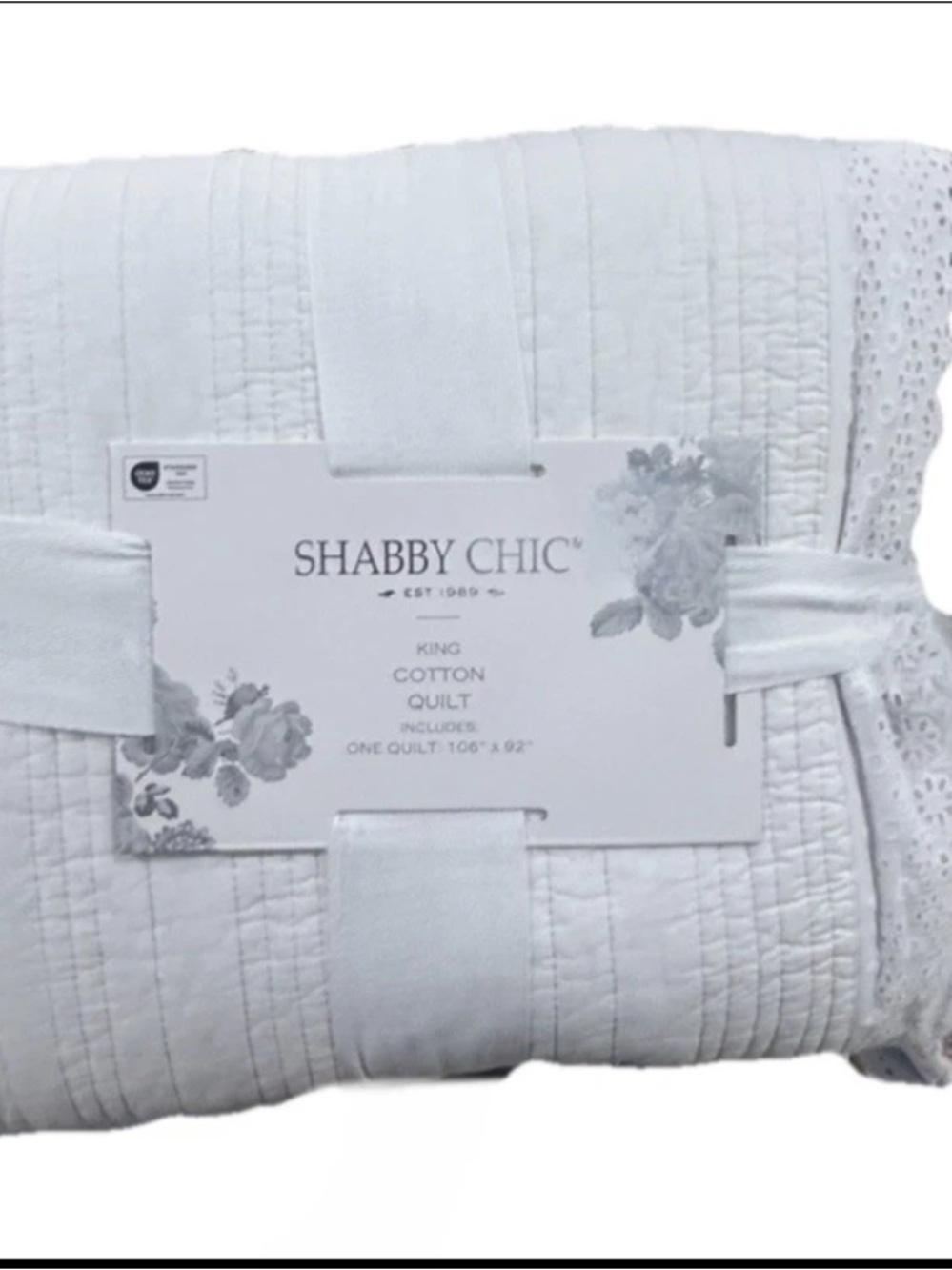 Shabby Chic White Cotton Quilt 106”x92” - Picture 2 of 4